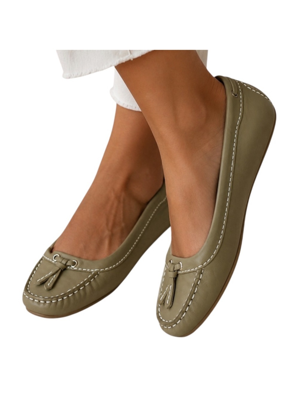 Eddie Bauer Leather Tassel Driving Loafers Women’s 7.5M Olive Green Moccasin Fla